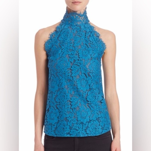 Diane Von Furstenberg Tops - Diane Von Furstenberg Teal Lace Halter Blouse Size Large